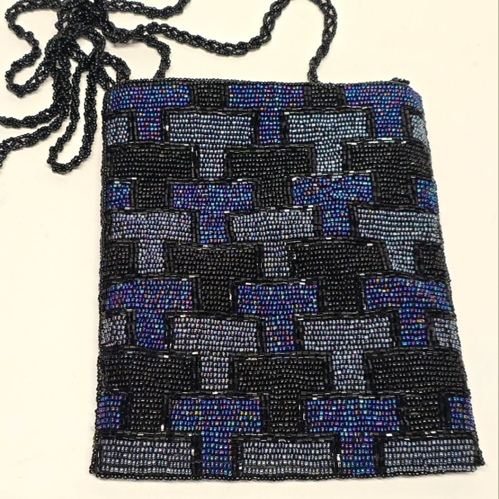 Vintage Hand beaded Monogram T Evening Purse Boho Crossbody Black Gray Purple